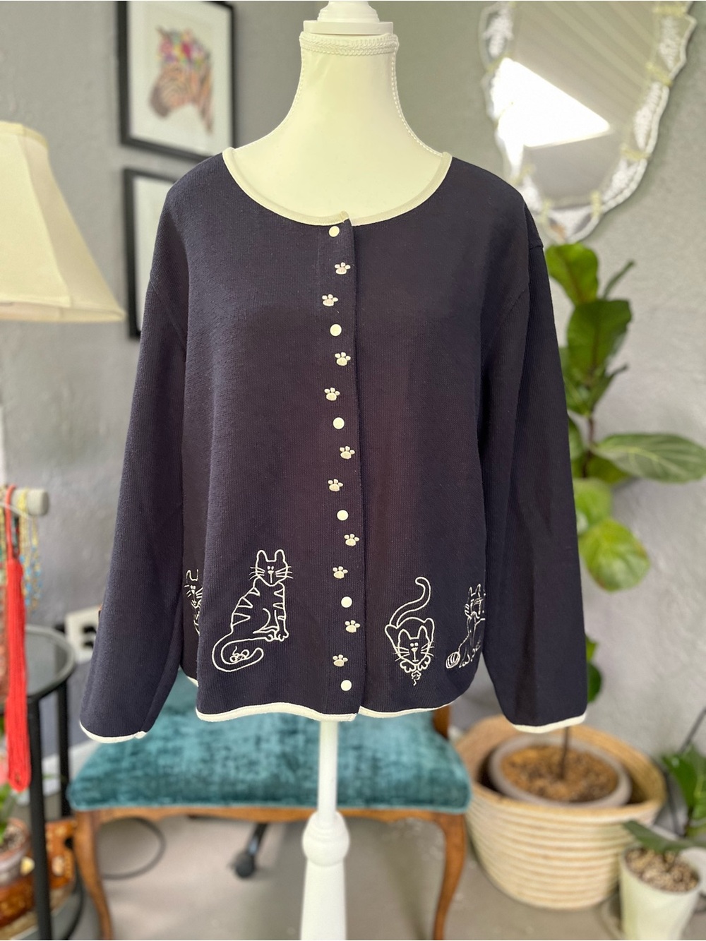 Christopher & Banks Navy Blue Button Up Cardigan with Cream Cat Embroidery